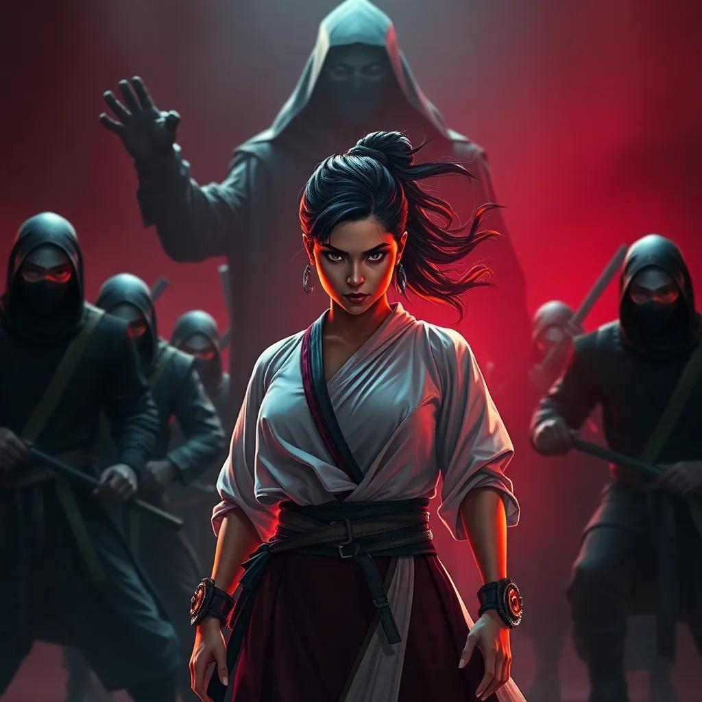 A fierce woman, Ella and Juri’s mother, standing valiantly before a group of ninjas led by a shadowy figure named King, intense, dynamic action pose, dramatic lighting, strong presence, digital art