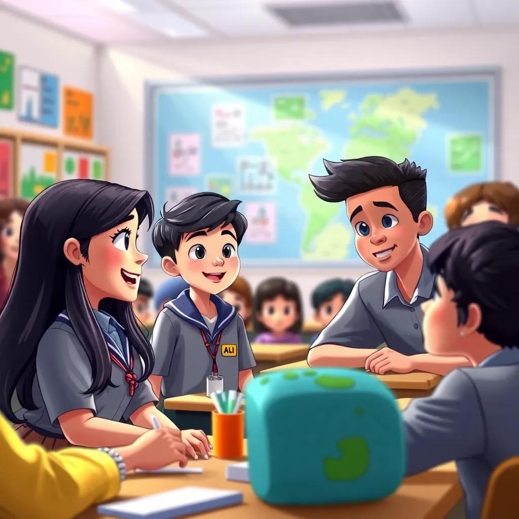 A classroom filled with diverse students, SARA, a determined young girl, with long dark hair wearing a school uniform, excitedly presenting an idea about a community project, ALI, a competitive boy with short black hair, looking thoughtfully at her, HIND, a generous girl with curly brown hair helping others, and KHALED, a caring boy with straight black hair discussing environmental ideas, bright and cheerful atmosphere, vibrant energy, digital art, colorful, high quality