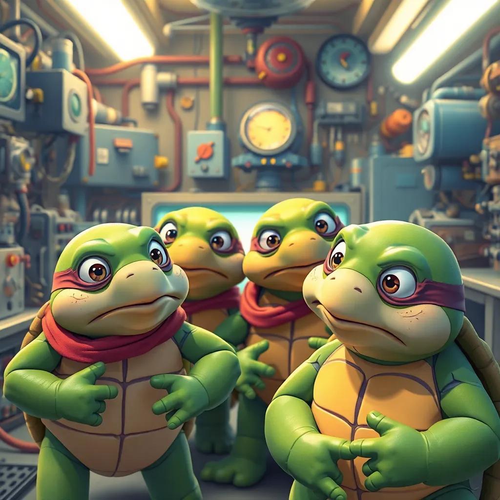 Four turtles in a laboratory filled with machines and gadgets, they look confused but curious, digital art, vibrant colors, bright atmosphere, high quality