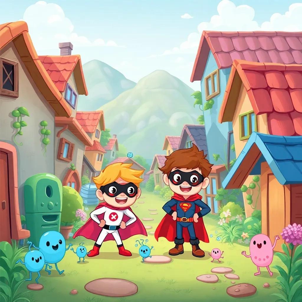 In a small village, cartoon superheroes, antibiotics, battling tiny cartoon bacteria, vibrant colors, cheerful atmosphere, digital art, inviting, high quality