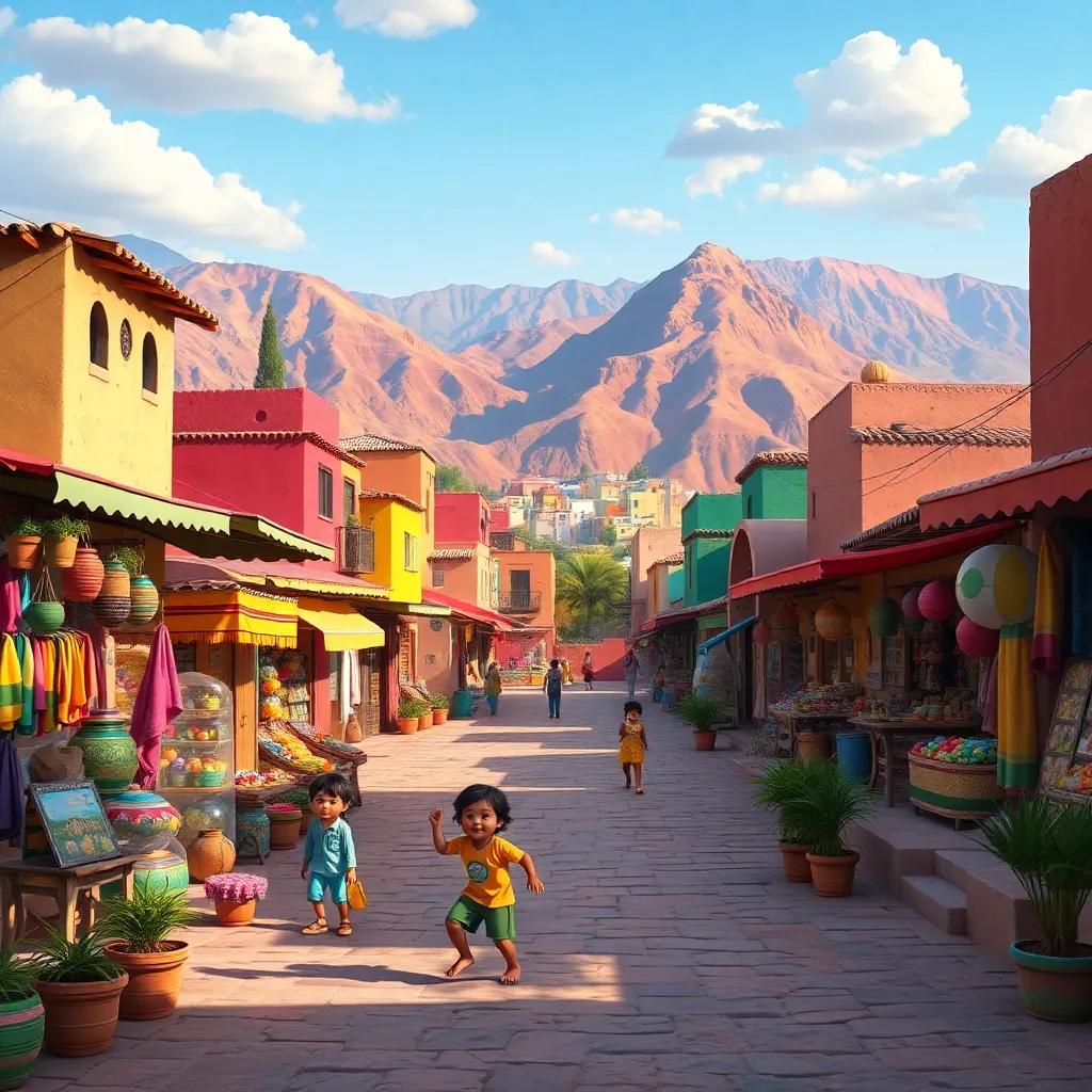 A beautiful Moroccan village with colorful markets and mountains, children playing hide and seek, vibrant colors, friendly atmosphere, digital art, high quality