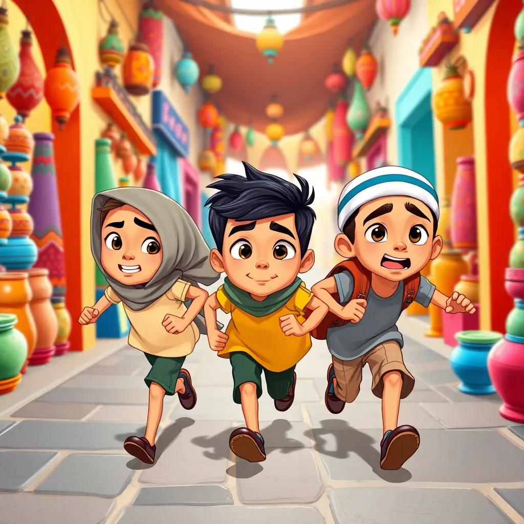 Three siblings, Solh, Rayan, and Islam, determined expressions, running through a Moroccan market with colorful shops, dynamic scene, vivid colors, adventure vibe, illustration, child-friendly