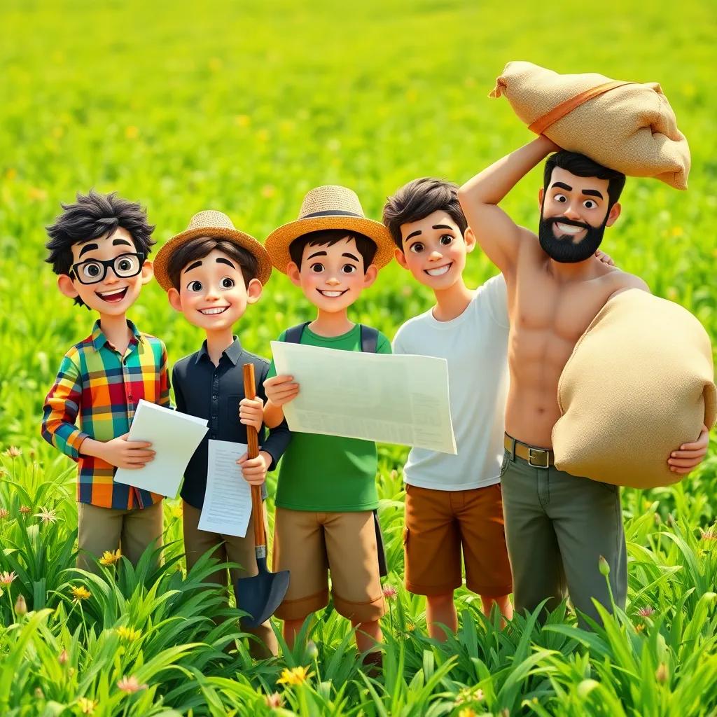 Four brothers in a beautiful green field, محمد, a young Arab boy with curly hair and glasses, wearing a colorful shirt, looking excited while holding papers; أحمد, a farmer with a straw hat, wearing traditional farming clothes, smiling and holding a hoe; عبد الرحمن, a smart-looking boy, with short hair, wearing a t-shirt and shorts, pointing to a plan; علي, a strong young man, muscular, wearing a simple t-shirt, lifting a heavy sack, bright day, joyful atmosphere, digital art, vibrant colors, high quality.