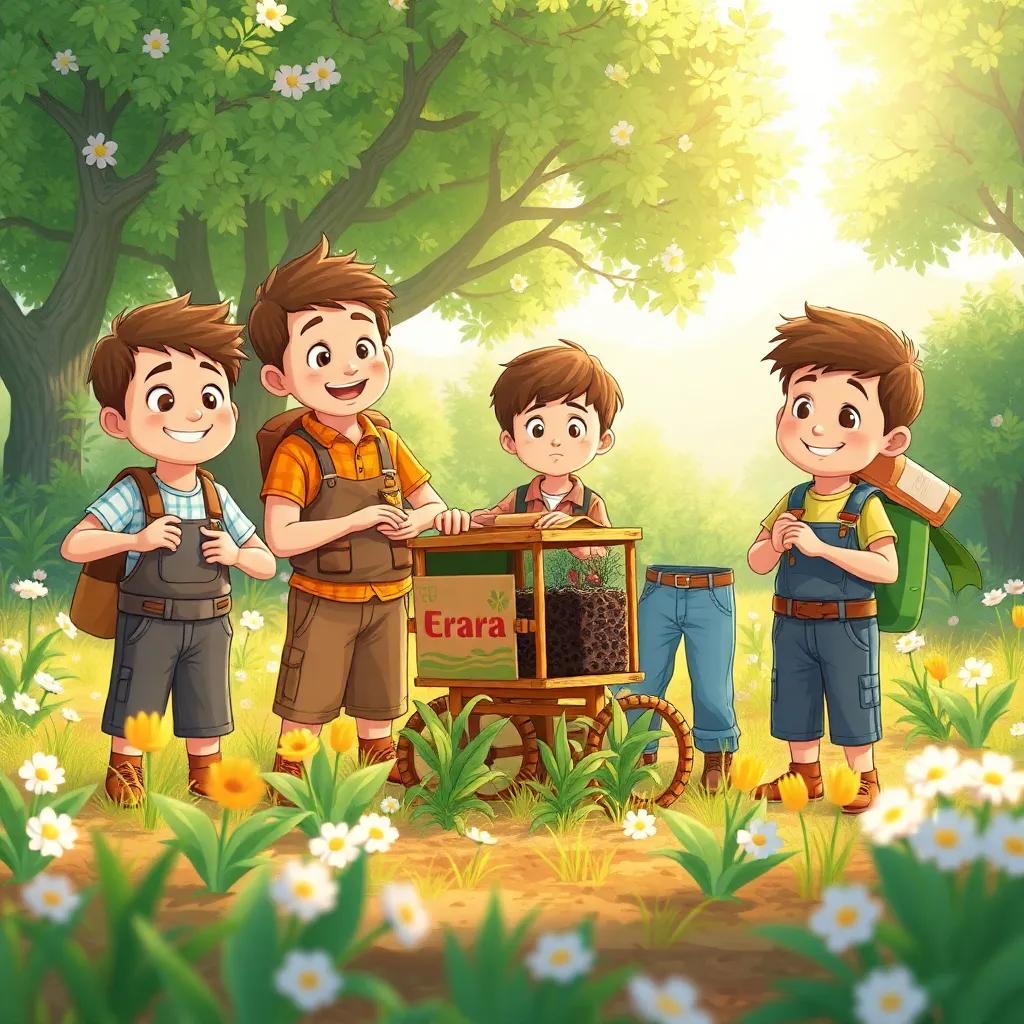 The four brothers proudly working together in the field, محمد showing his invention, a simple but creative farming machine; أحمد planting seeds, عبد الرحمن observing with a thoughtful expression, وعلي carrying supplies, surrounded by blooming plants and trees, sunlight shining down, cheerful and energetic vibe, illustration, children's art, high resolution.