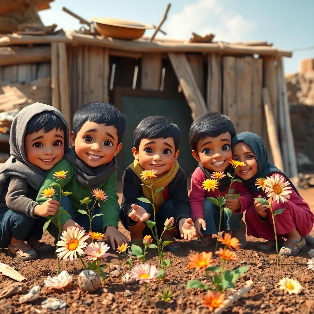 A group of determined children from Gaza planting flowers around a makeshift classroom built from wooden planks and debris, smiling faces, emphasizing community and hope, cheerful colors, heartwarming atmosphere, high quality