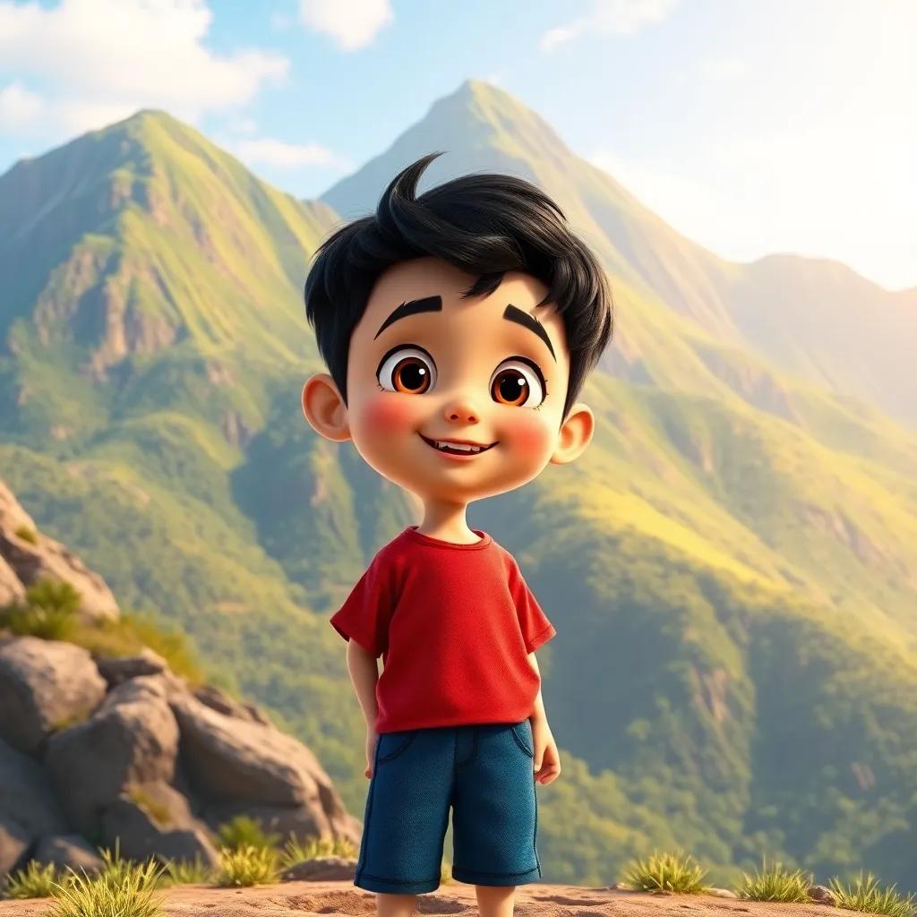 A small boy, Rami, with short black hair and wearing a red shirt and blue shorts, standing at the foot of a beautiful green mountain, cheerful expression, digital art, bright colors, warm sunlight, inviting atmosphere, highly detailed