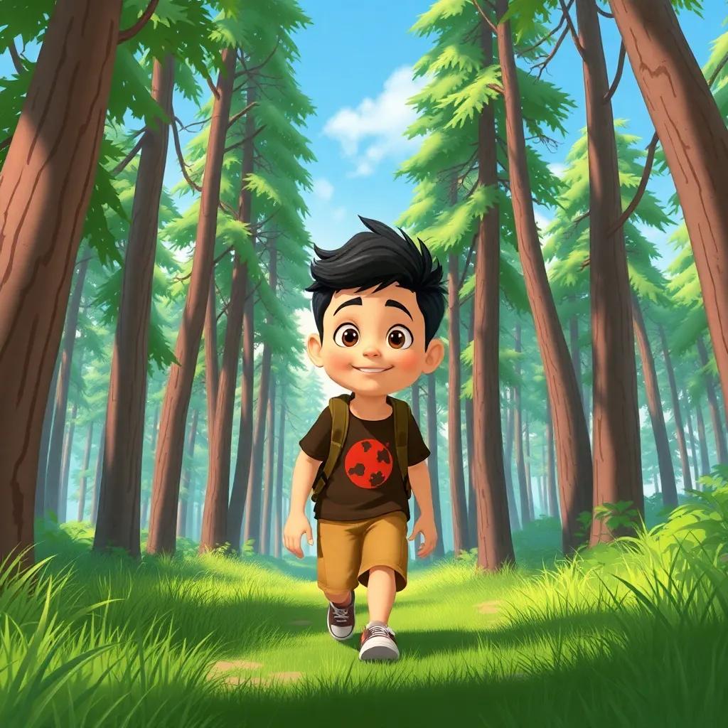 A determined boy, Rami, walking through a lush green forest with tall trees and a clear blue sky above, illustration, adventurous theme, cheerful mood, clear focus