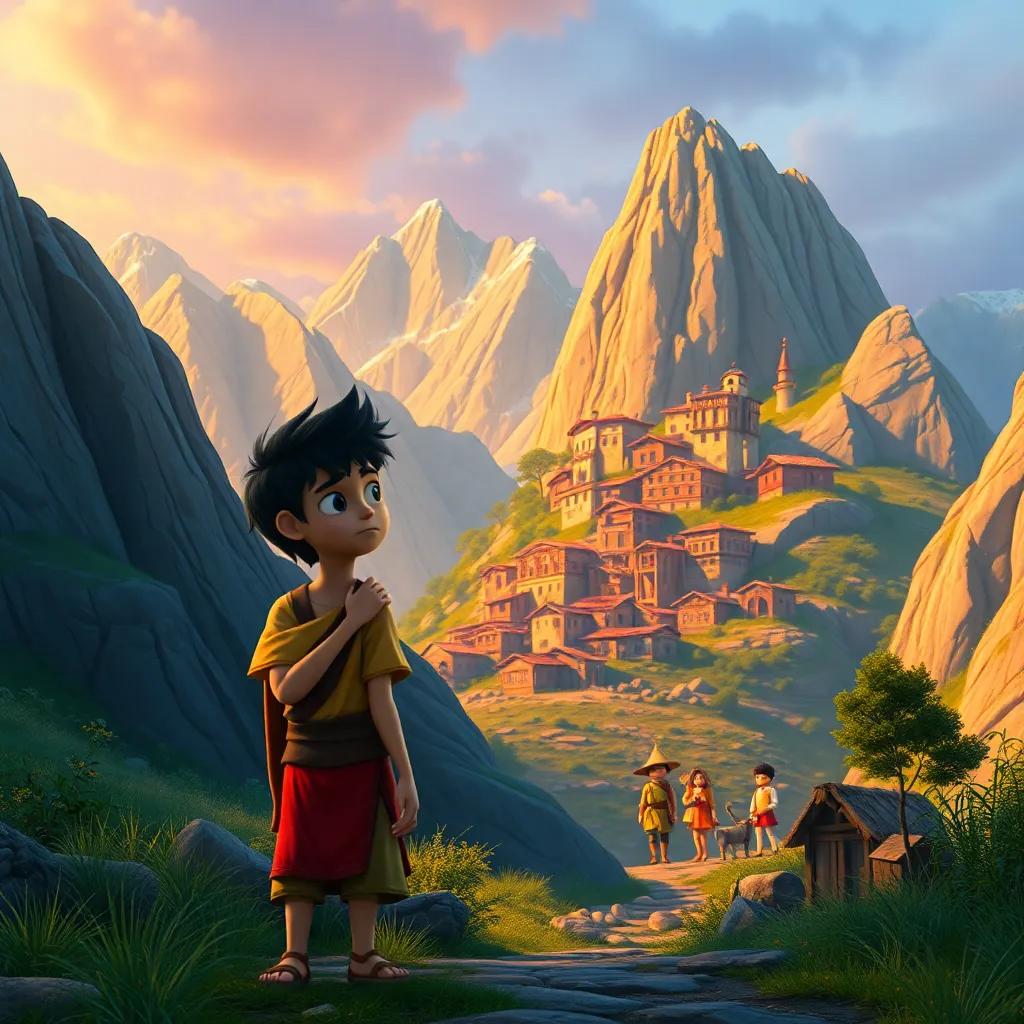 Rami standing in front of a sad village on the other mountain, with villagers looking worried, vibrant colors, child-friendly, warm light, storytelling view, fantasy