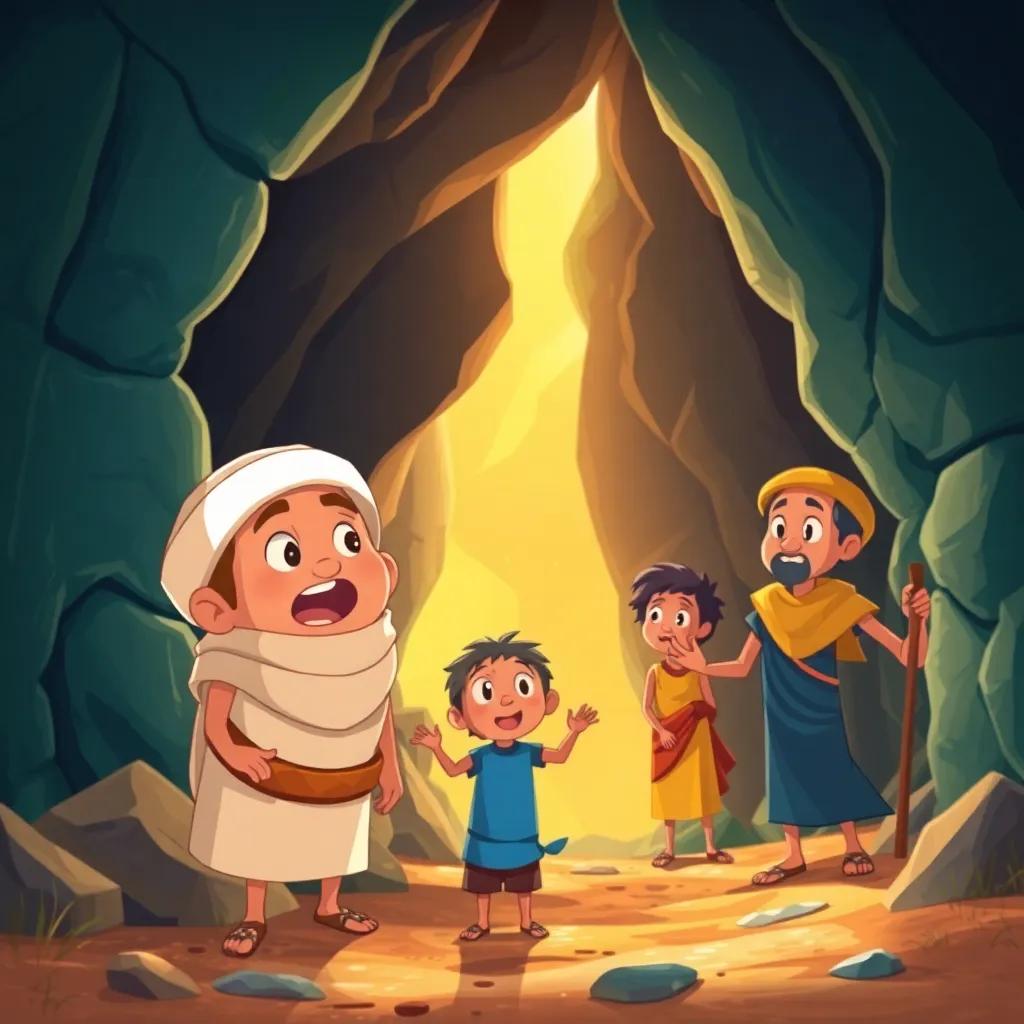 Rami and villagers finding a deep cave, looking surprised and excited, bright colors, optimistic atmosphere, high-quality illustration, exploration theme