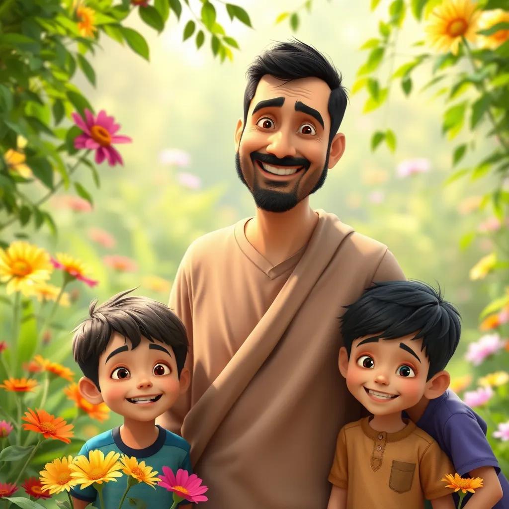 A father, a Middle-Eastern man, with short black hair and a kind face, standing in a lush garden with four boys around him, smiling, colorful flowers surrounding them, digital art, bright colors, cheerful scene, high quality