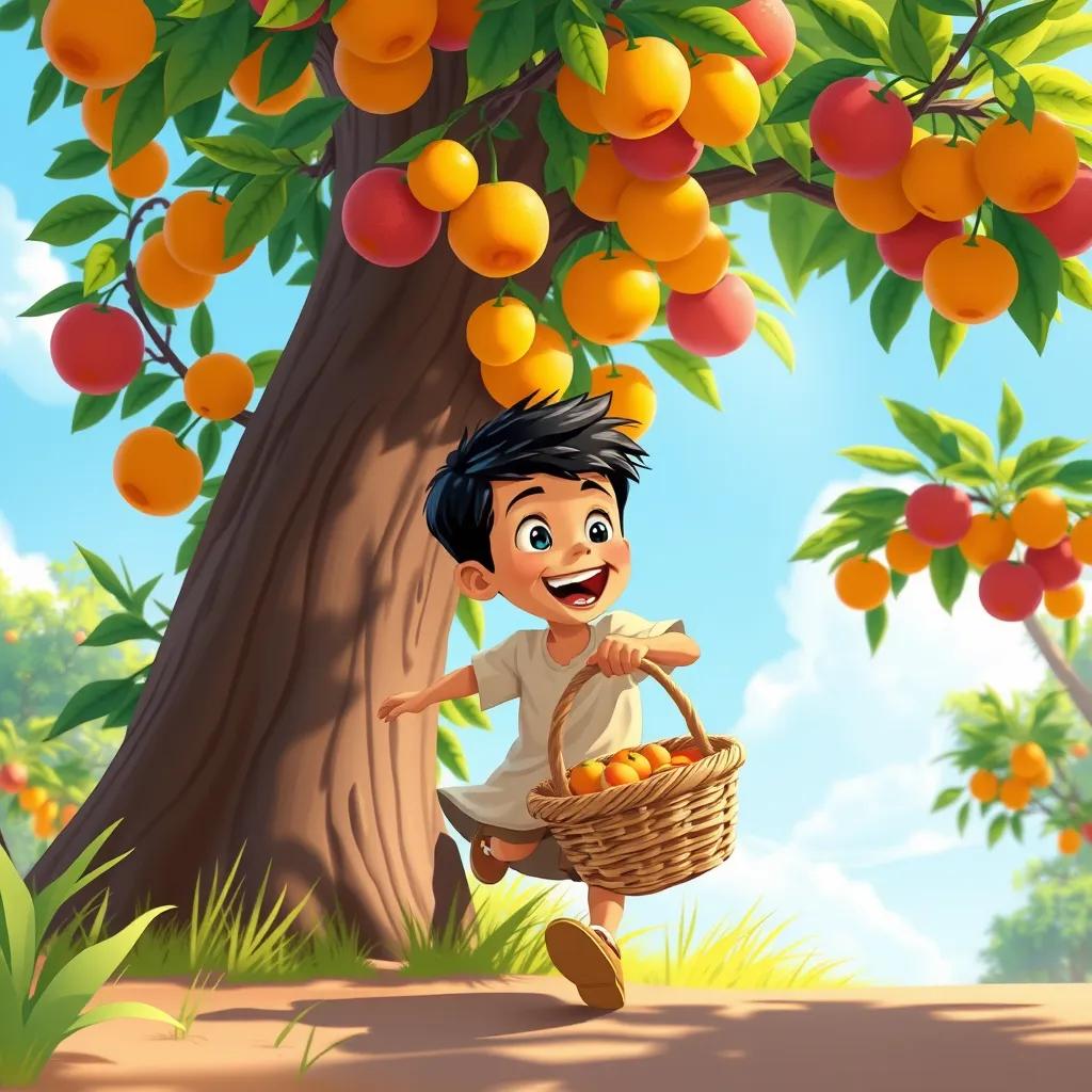 A young Middle-Eastern boy, with short black hair, excitedly running toward a tall tree filled with bright fruits, a large basket in his hand, sunny day, vibrant colors, cheerful atmosphere, illustration, child-friendly