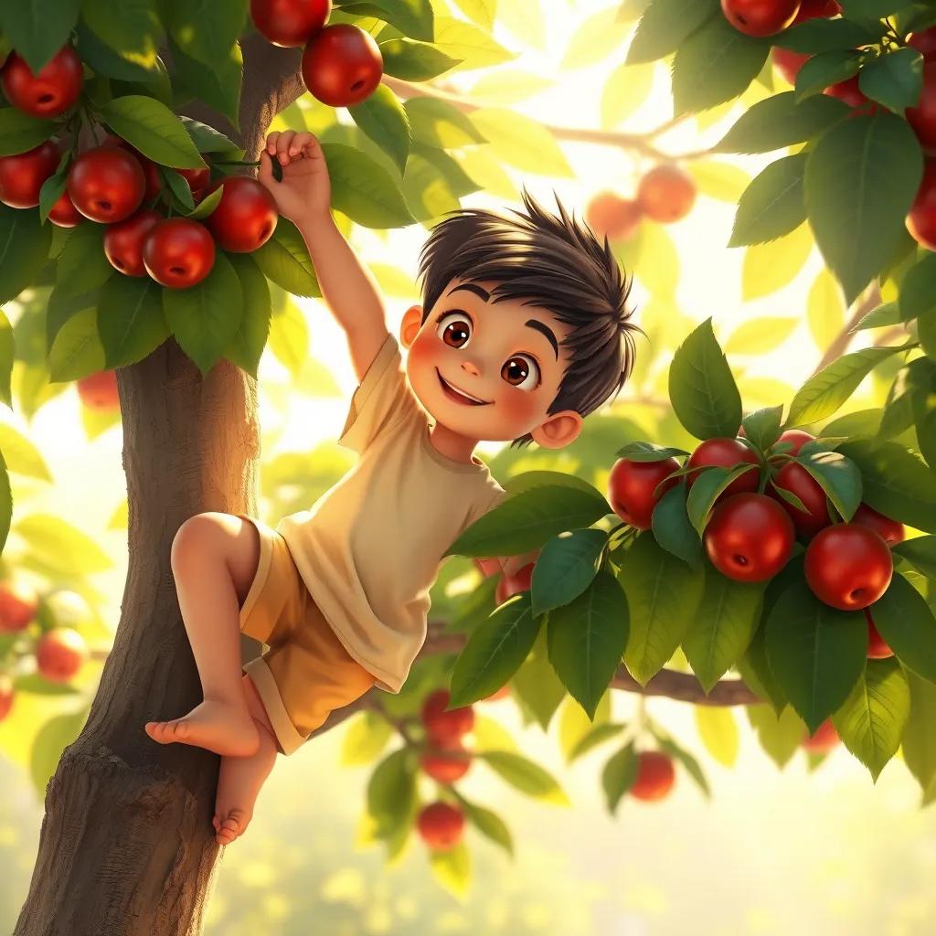 The first boy happily climbing the tree, reaching for shiny red fruits, wearing a light t-shirt and shorts, bright sunlight filtering through green leaves creates a dreamy effect, detailed illustration, warm light, adventure scene