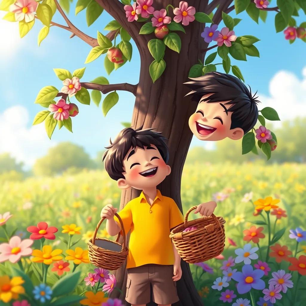 The second boy, standing below the tree, with a small basket, joyfully laughing as he helps his brother, wearing a brightly colored shirt, surrounded by colorful flowers, cheerful mood, illustration, uplifting