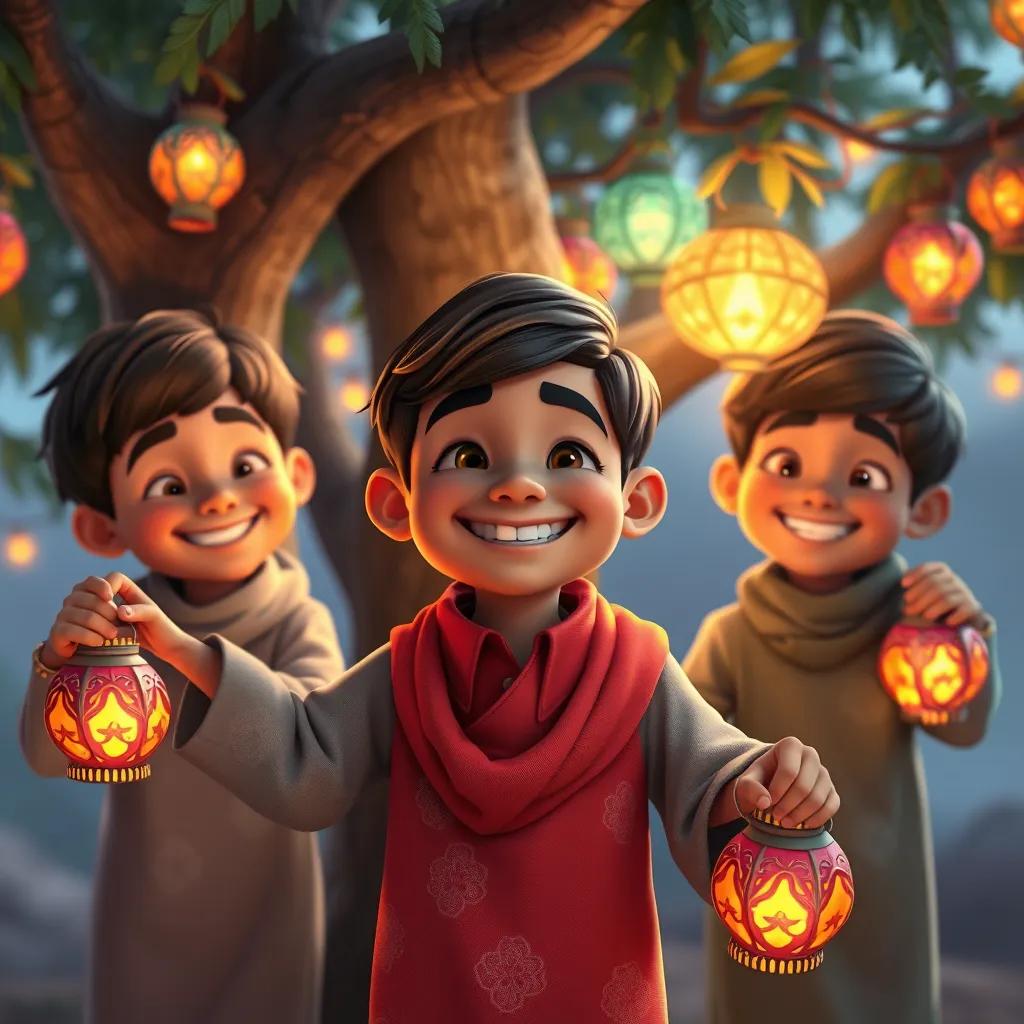 The fourth boy, a Middle-Eastern boy, with a huge smile, holding colorful lanterns, illuminating the area around the tree, with his brothers gathered happily around him, warm light, heartwarming scene, high quality
