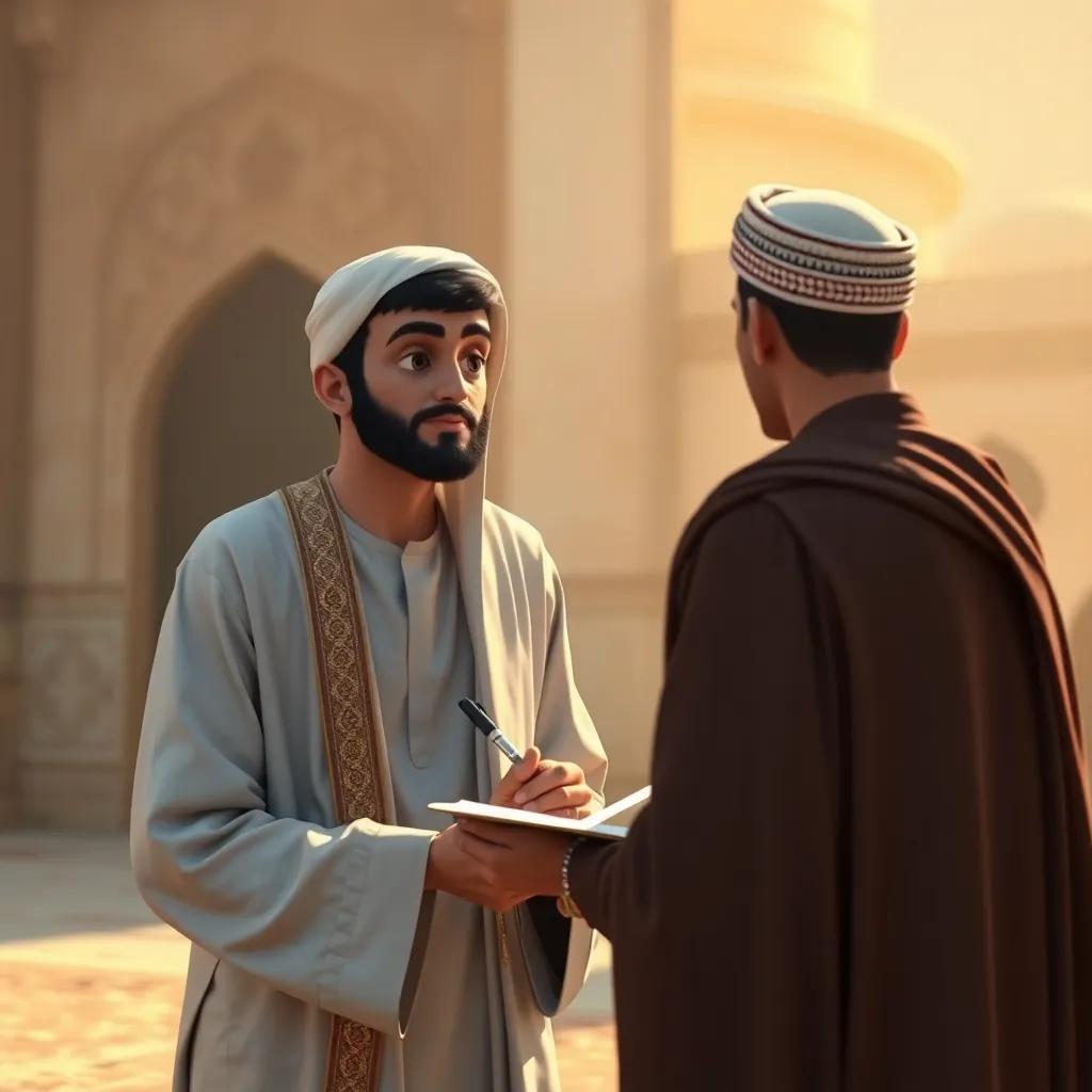 A young Arabic man, Ali ibn Abi Talib, with a noble appearance, wearing a simple thawb and holding a pen and paper, speaking to Abu al-Aswad in a thoughtful manner in an ancient, peaceful environment, composed look, warm light, inspiring atmosphere, high quality