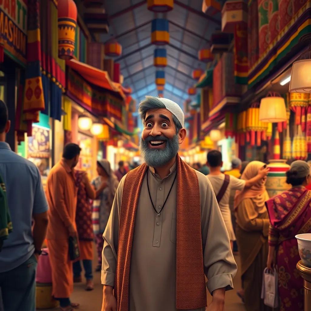 A kind man, Abu Bakr, walking in a bustling market filled with colorful stalls and vibrant people, smiling and searching for those in need, digital art, warm colors, inviting atmosphere, high quality