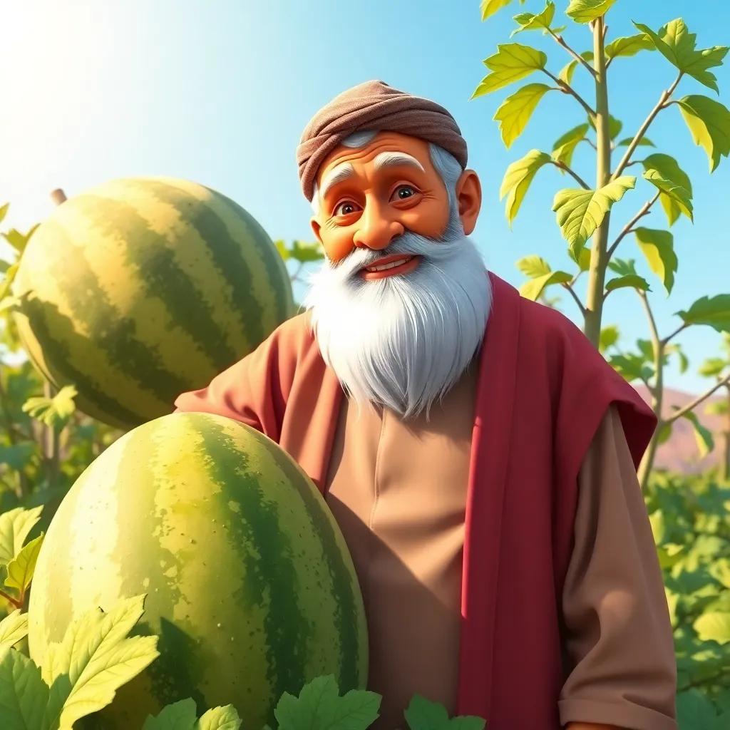 An old man, Abu Naser, with white beard, wearing a traditional thobe and a cap, standing proudly in his garden with giant watermelon, with green leaves around, under a bright blue sky, cheerful atmosphere, digital art, colorful, lively, high quality