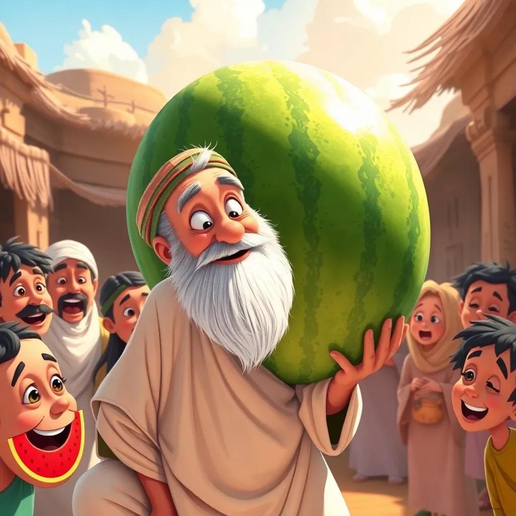 Abu Naser, an old man with a white beard, in his traditional thobe, amazed by his giant watermelon, surrounded by curious villagers, with astonished expressions, sunny day, warm light, vibrant colors, illustration, community spirit, cheerful adventure, high quality