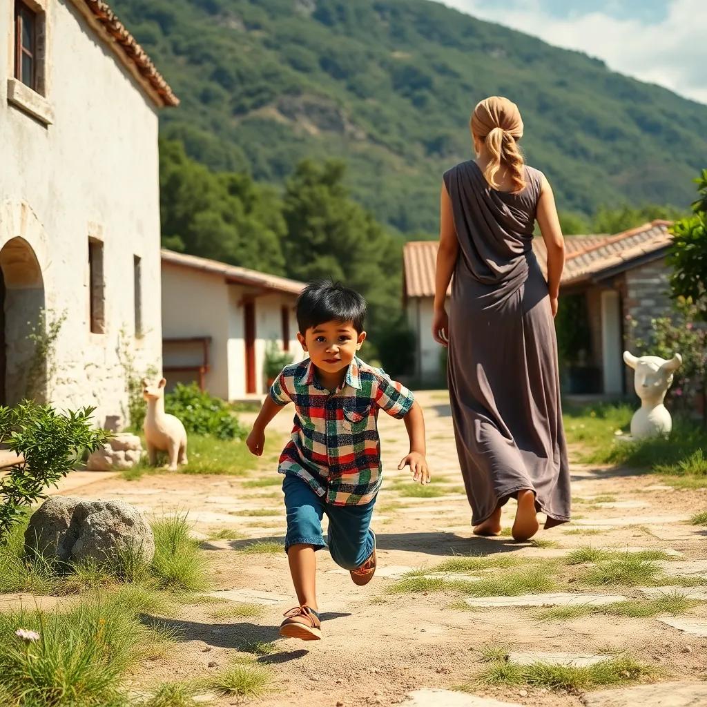 A young boy, Ali, with short black hair and wearing a colorful shirt, running towards his mother, who is wearing a long dress, in a sunny village with small houses and greenery, cheerful atmosphere, child-friendly, engaging scene, high quality