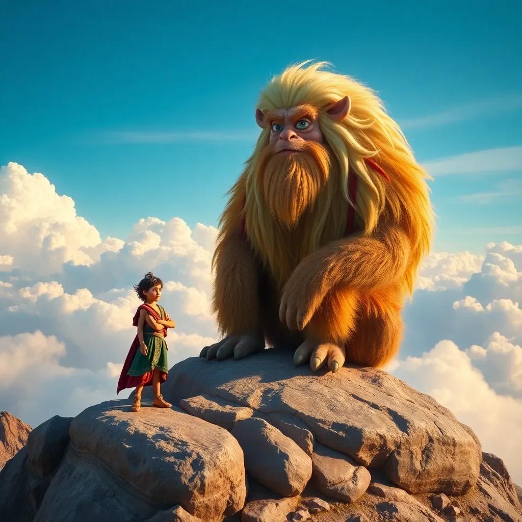 A large, colorful creature named Abu Tataa, with shaggy fur and long hair, sitting on a rock at the mountain summit, surrounded by clouds and blue sky, the young boy Ali standing bravely nearby, looking inspired, warm light, uplifting scene, fantasy, high quality