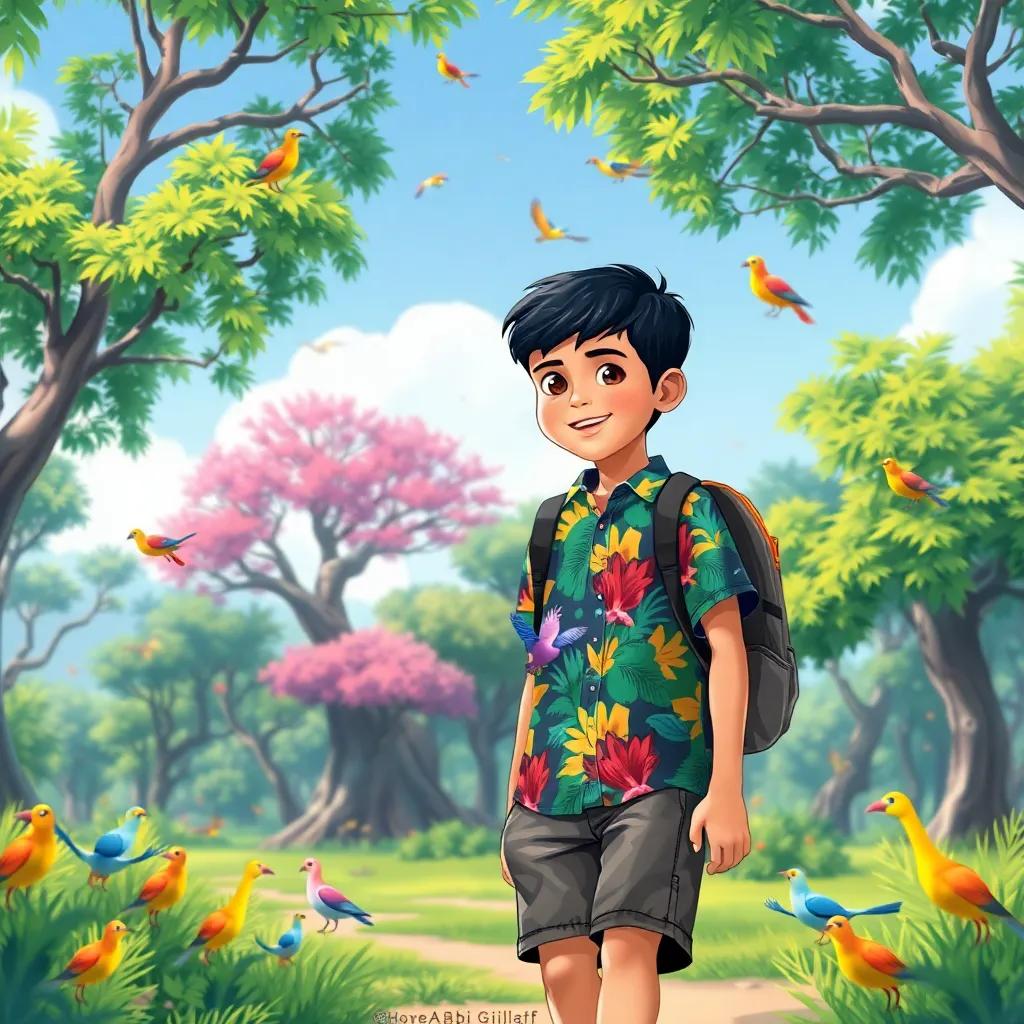 A young boy named Abi Ghilaf, with short black hair, wearing a colorful shirt and shorts, exploring a vibrant nature reserve filled with trees and birds, illustration, bright colors, cheerful atmosphere, high quality