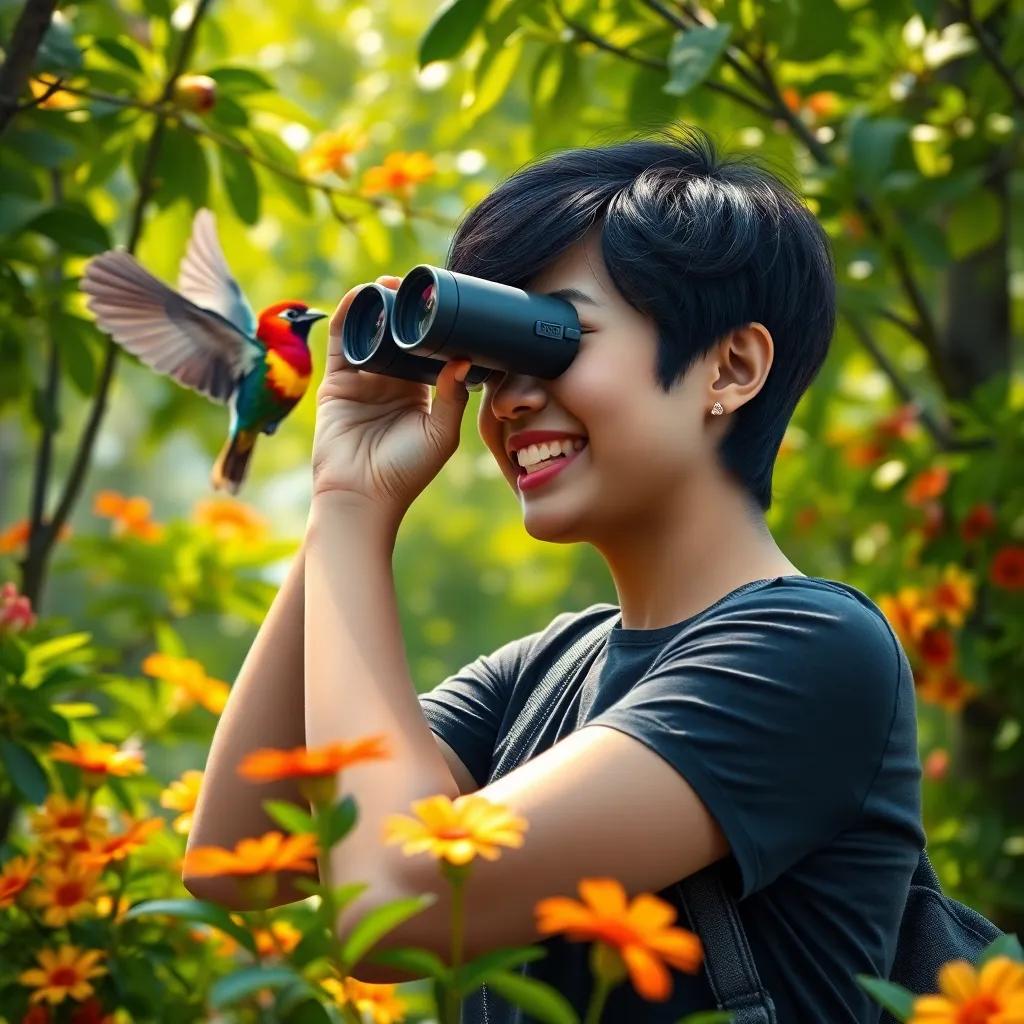Abi Ghilaf, with short black hair, excitedly using binoculars to watch a colorful bird dancing in the trees, surrounded by lush green leaves and bright flowers, digital art, vivid colors, engaging scene, high quality