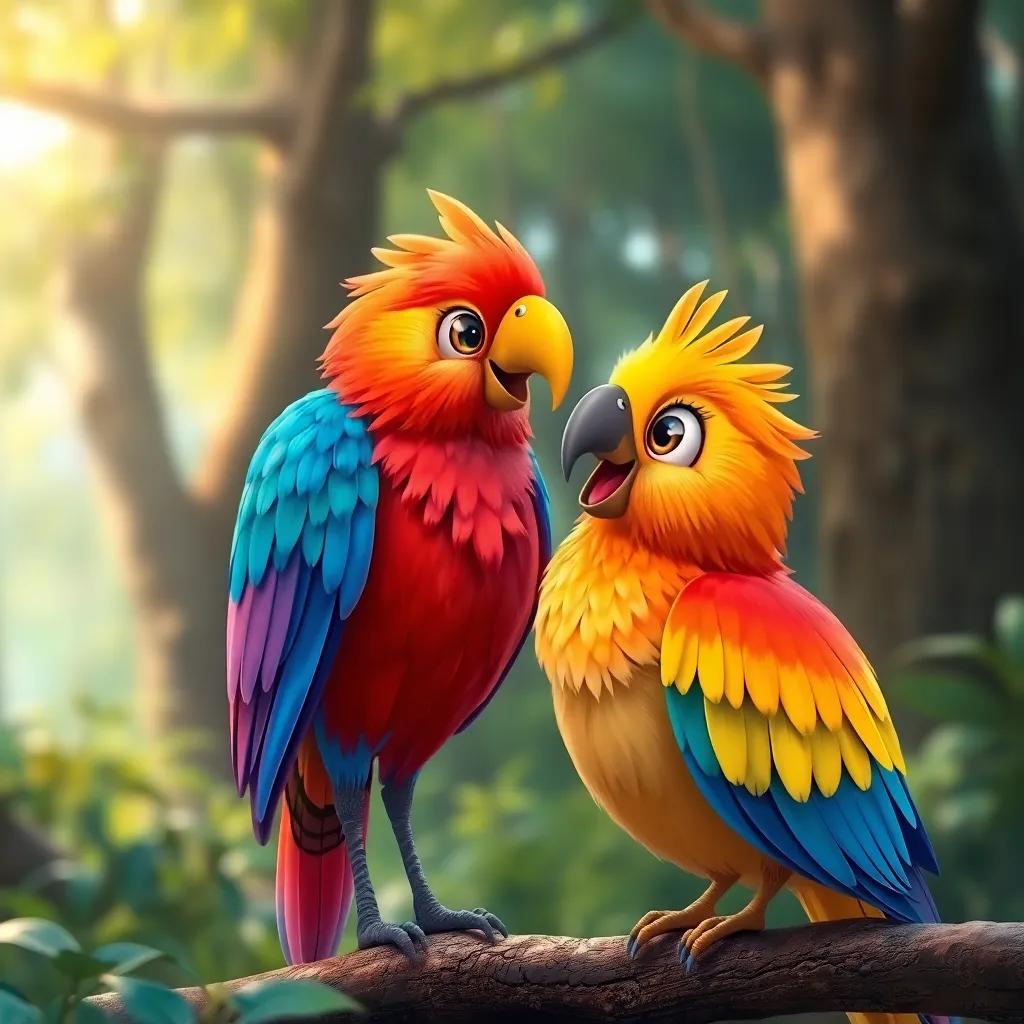 A beautiful colorful bird, with vibrant feathers, talking to Abi Ghilaf in a friendly manner, with a magical aura, amidst a serene forest background, cartoon style, enchanting and whimsical, high quality