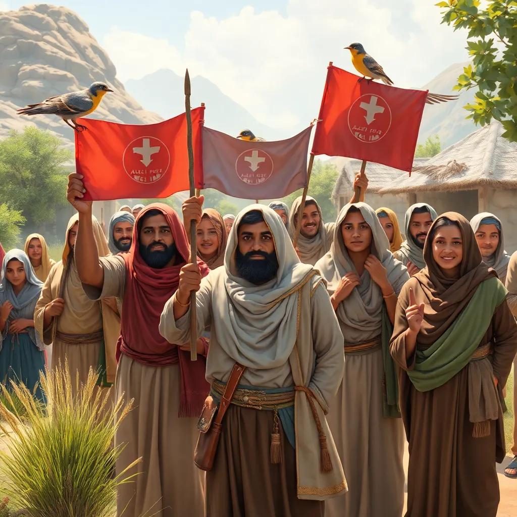 Abi Ghilaf, gathering villagers, with determined expressions, holding banners to protect the birds, in a peaceful village setting, digital painting, community spirit, bright and uplifting, high quality