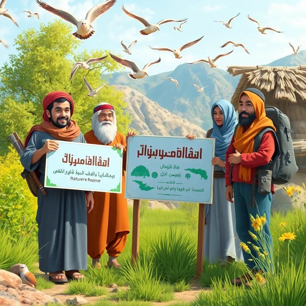 Abi Ghilaf, alongside the villagers, placing signs in the nature reserve, with birds flying above, showing a harmonious environment, illustration, lively and encouraging, high quality