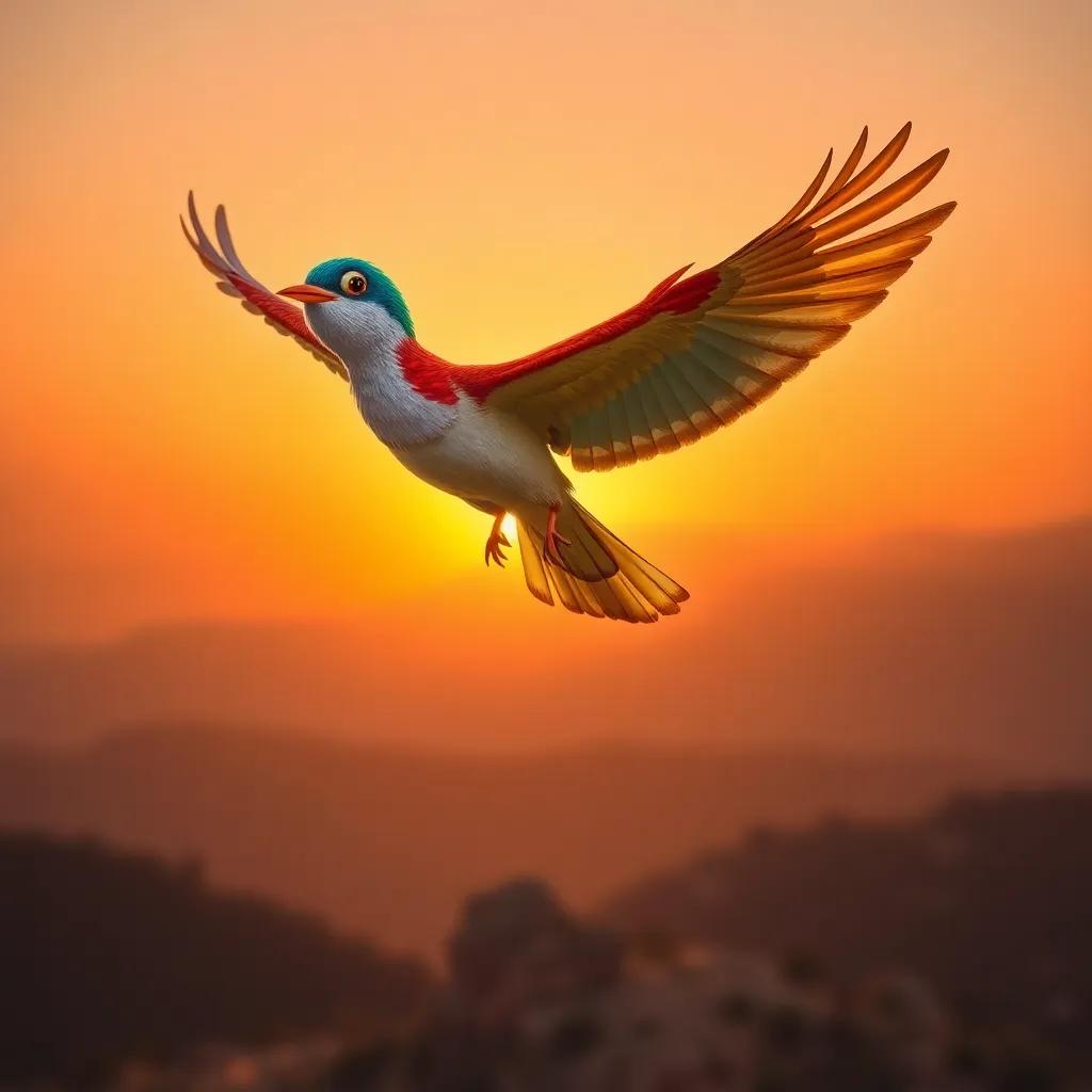 A cheerful and grateful colorful bird, flying above Abi Ghilaf, with a sunset in the background, symbolizing victory and friendship, digital art, warm colors, soft lighting, high quality
