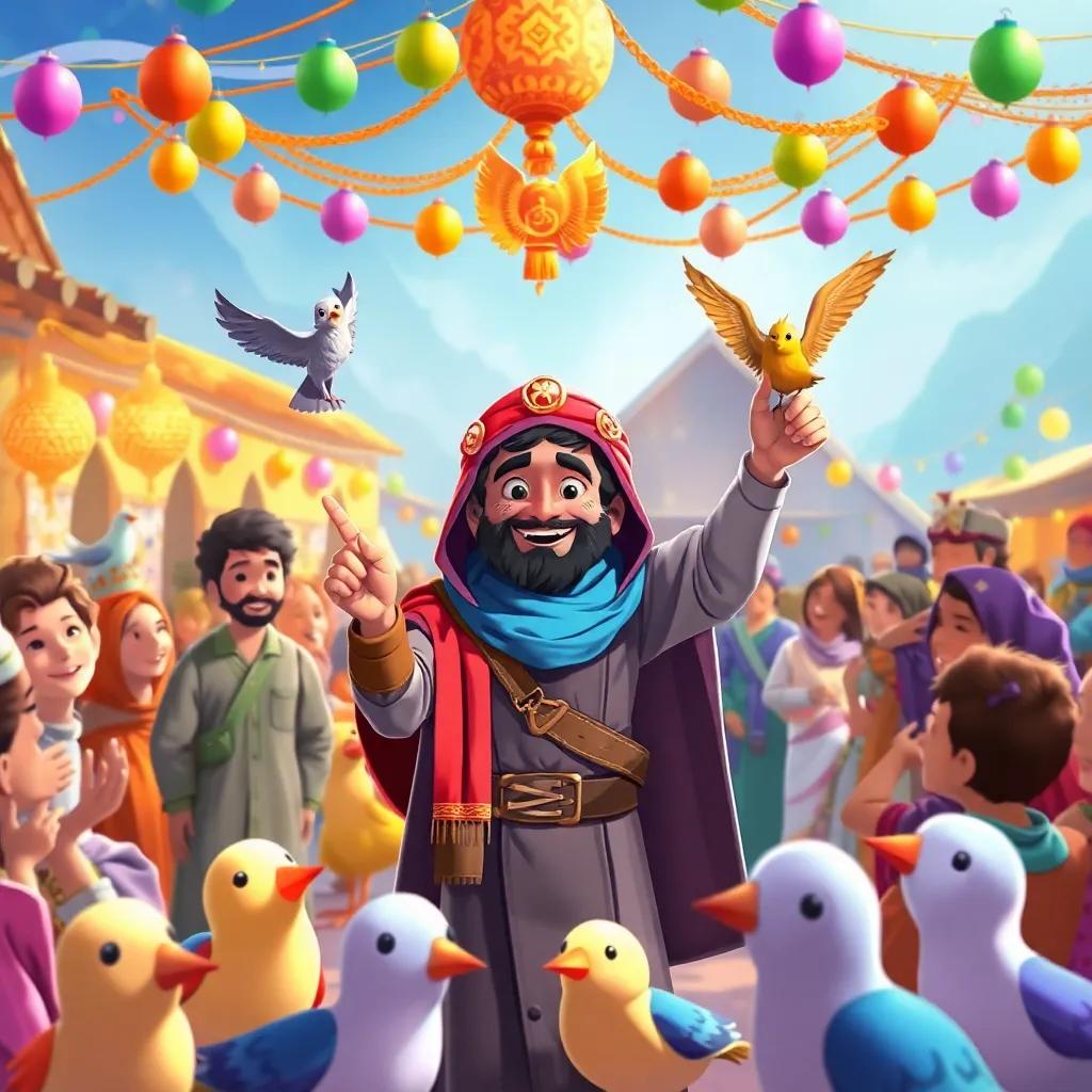 A celebratory scene in the village with Abi Ghilaf as a hero, surrounded by happy people and birds, colorful decorations, bright and festive atmosphere, illustration, heartwarming, high quality