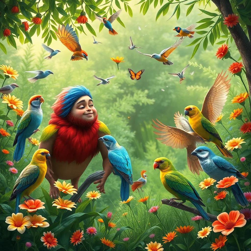 Abi Ghilaf, playing and interacting with various birds in the lush nature reserve, surrounded by greenery and bright flowers, digital painting, joyful and magical, high quality