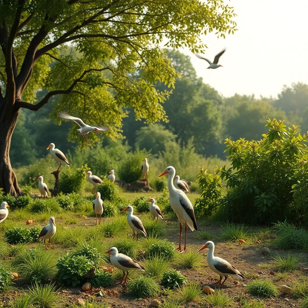 A peaceful nature reserve scene showing birds in their natural habitat, thriving and free, illustrating the importance of wildlife protection, magical atmosphere, beautiful scenery, high quality