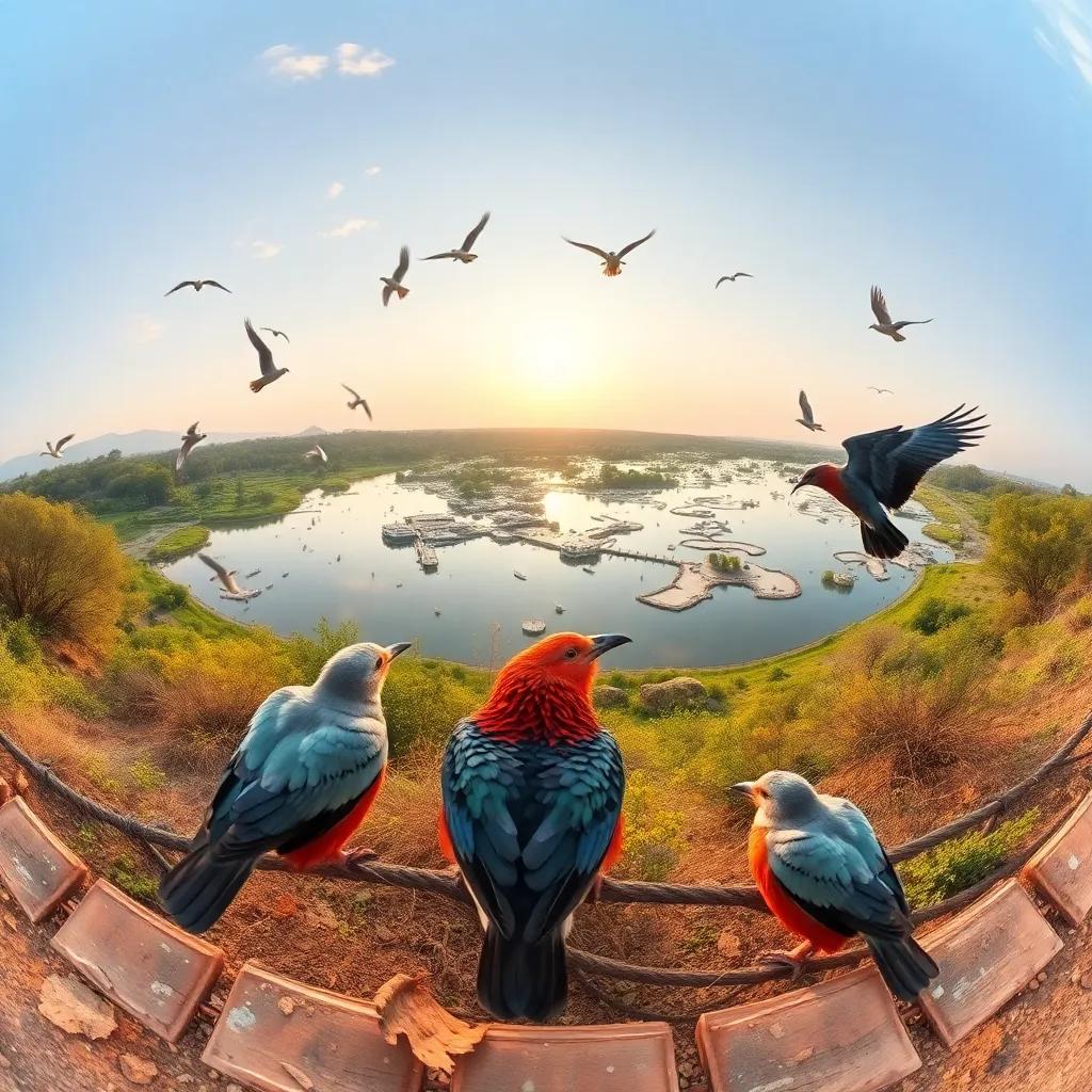 A panoramic view of the nature reserve with Abi Ghilaf and the birds in harmony, showing the beauty of nature and the joy of coexistence, digital art, wide-angle, breathtaking realism, high quality