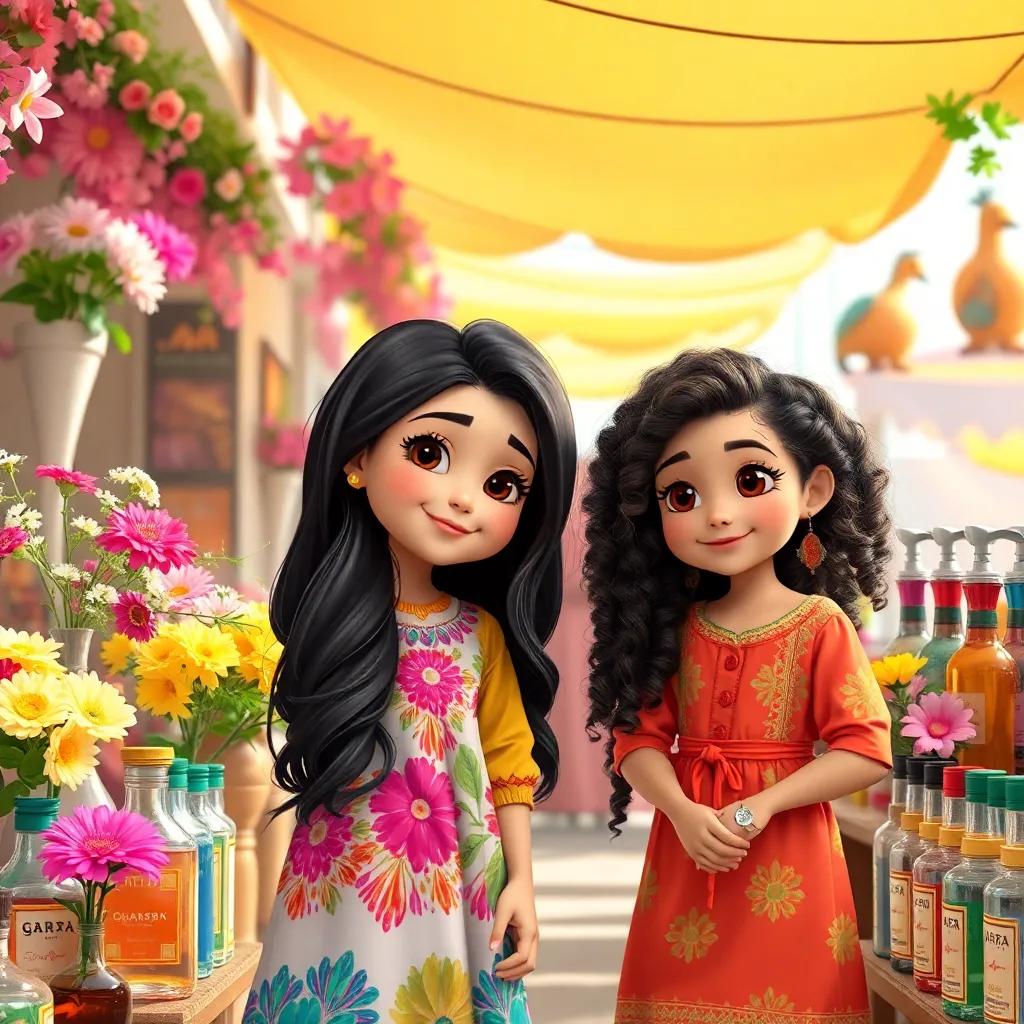 A young Arab girl, Noura, with long dark hair wearing a colorful dress, visiting her friend SARA, a young Arab girl with curly hair, wearing a traditional dress, in a sunny outdoor market with beautiful flowers and colorful bottles of musk, cheerful atmosphere, vibrant colors, digital art, high quality