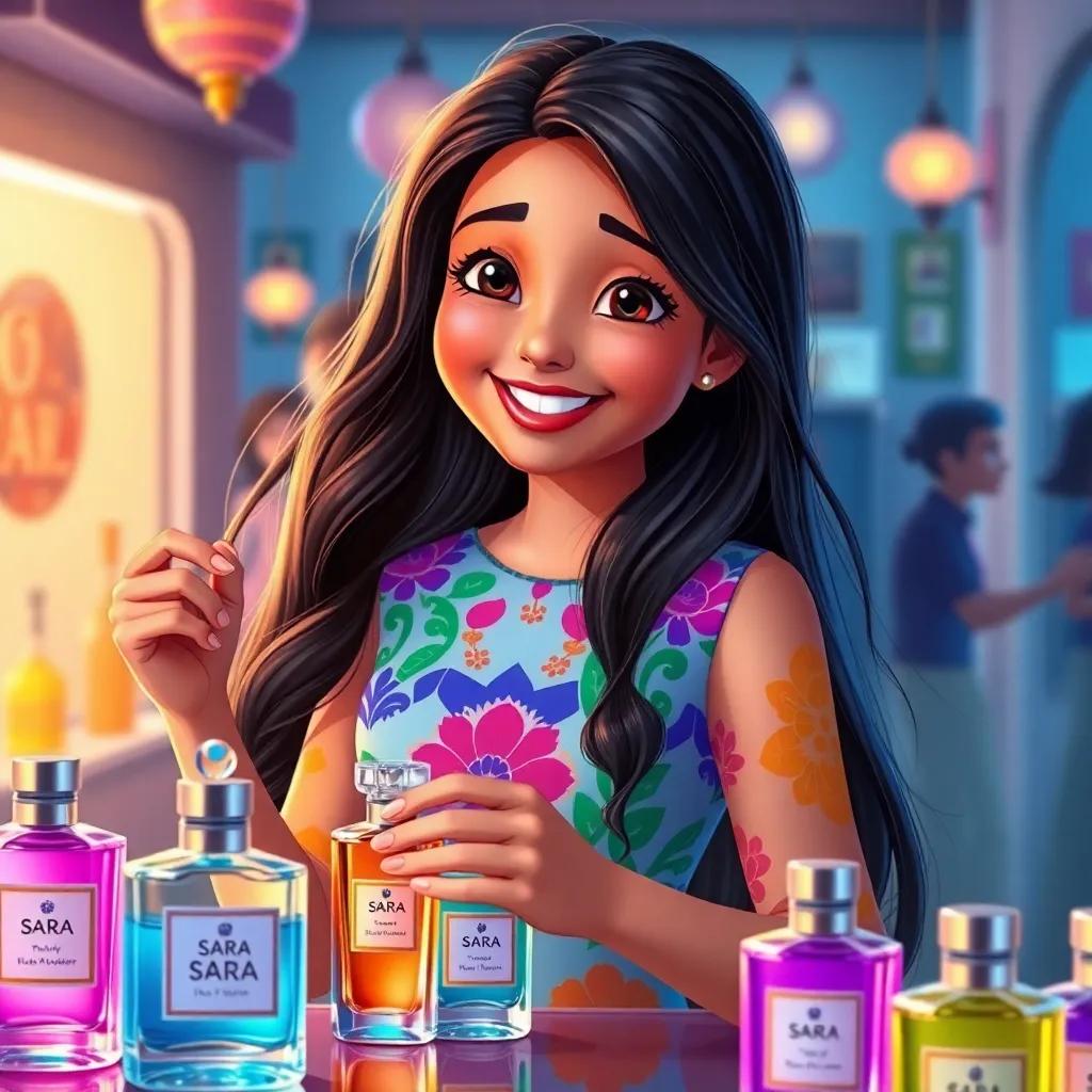 Noura, a young Arab girl with long dark hair in a colorful dress, happily trying musk from SARA, surrounded by pretty musk bottles, colorful and bright, social scene, engaging, digital painting, high detail