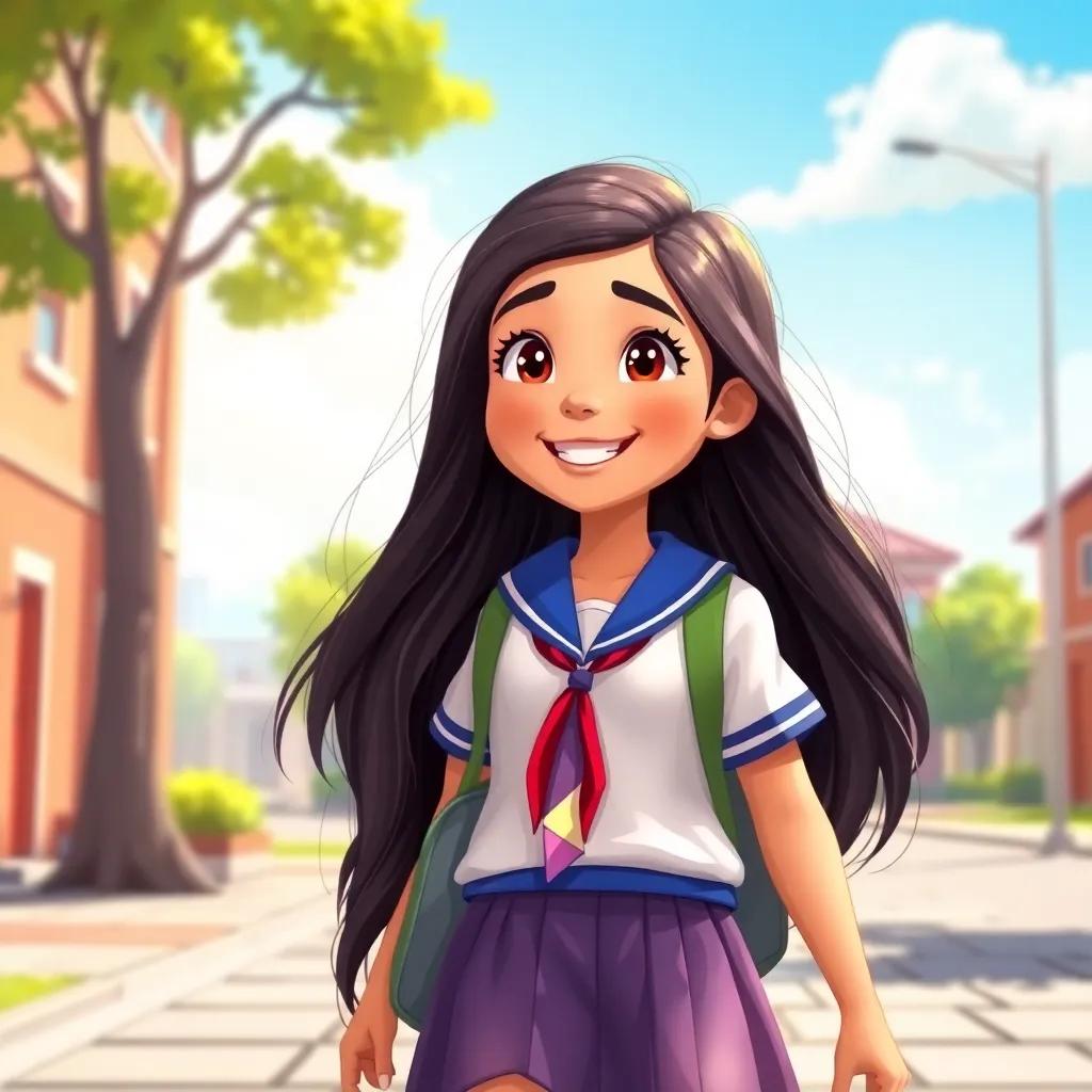A young Arab girl, Ajaweed Nasser, with long, dark hair, wearing a colorful school uniform, walking cheerfully towards her school with a bright smile, under a sunny sky, digital art, vibrant colors, cheerful atmosphere, high quality