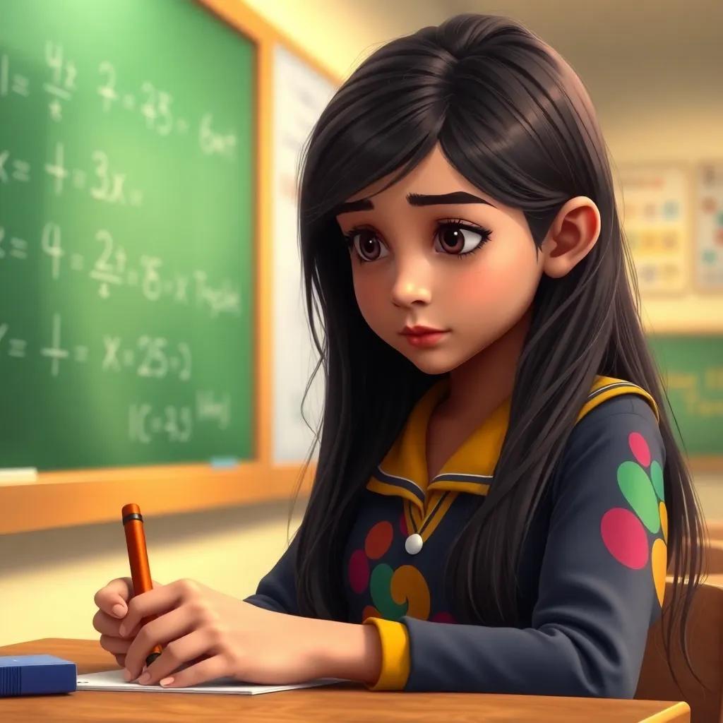 Ajaweed Nasser, a young Arab girl, with long, dark hair, wearing a colorful school uniform, concentrating on solving math problems on a chalkboard, bright classroom with warm lighting, attentive expression, digital painting, innovative and educational, high detail