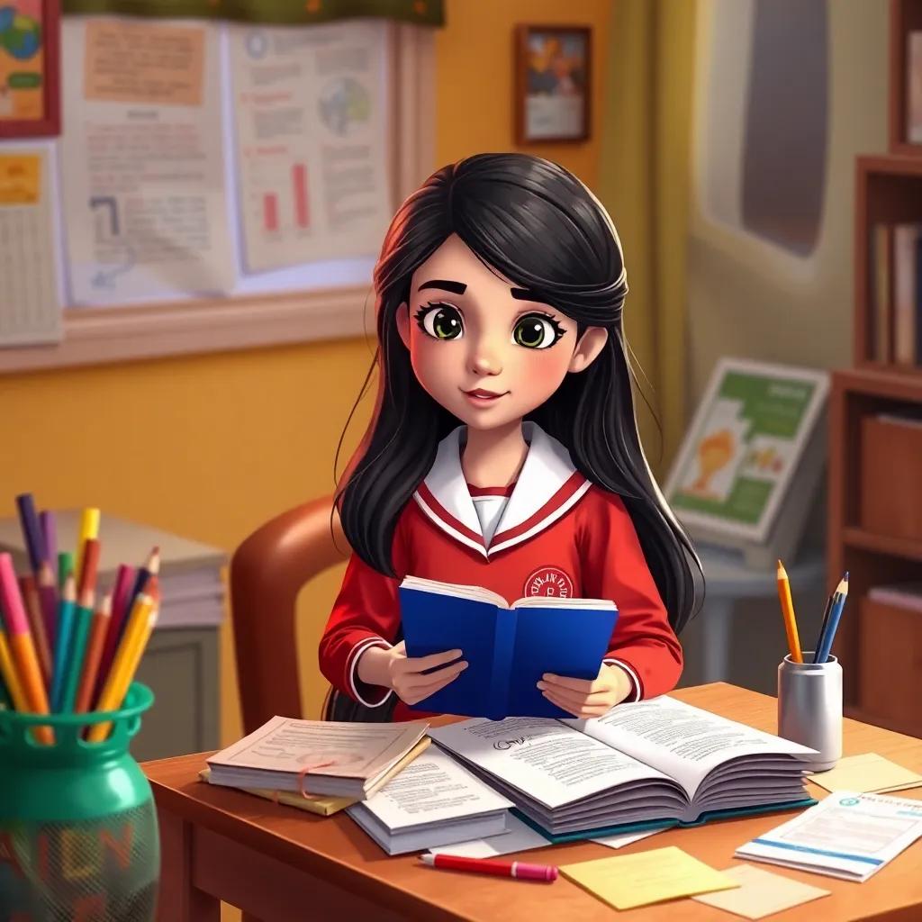 Ajaweed Nasser, a young Arab girl, with long, dark hair in a colorful school uniform, sitting at her small study desk at home, surrounded by colorful papers and pens, focused on her books, warm and cozy atmosphere, illustration, inspirational and motivational