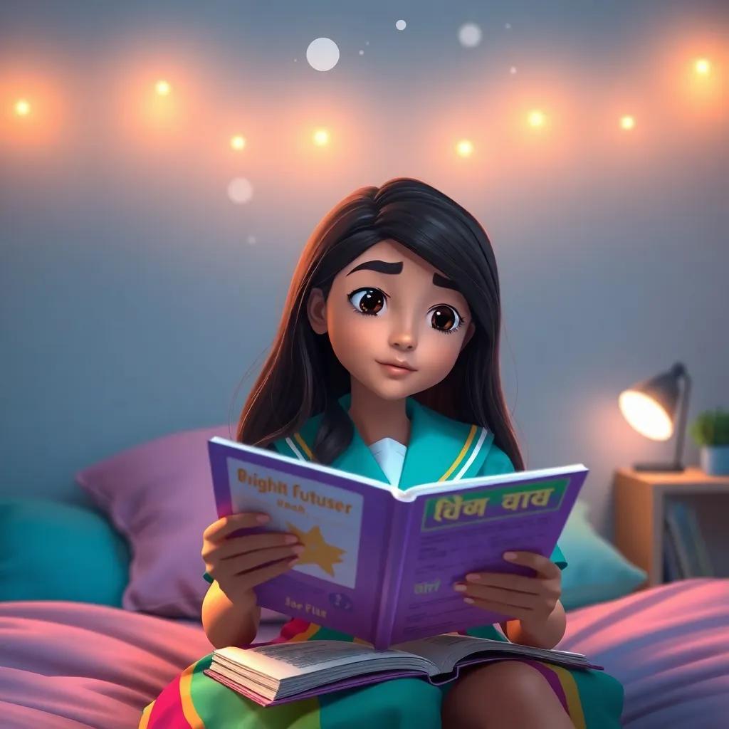 Ajaweed Nasser, a young Arab girl, with long, dark hair in a colorful school uniform, dreaming about her bright future while reading a book, soft night light glowing, peaceful bedroom, tranquil setting, digital art, beautiful colors, inviting and nurturing
