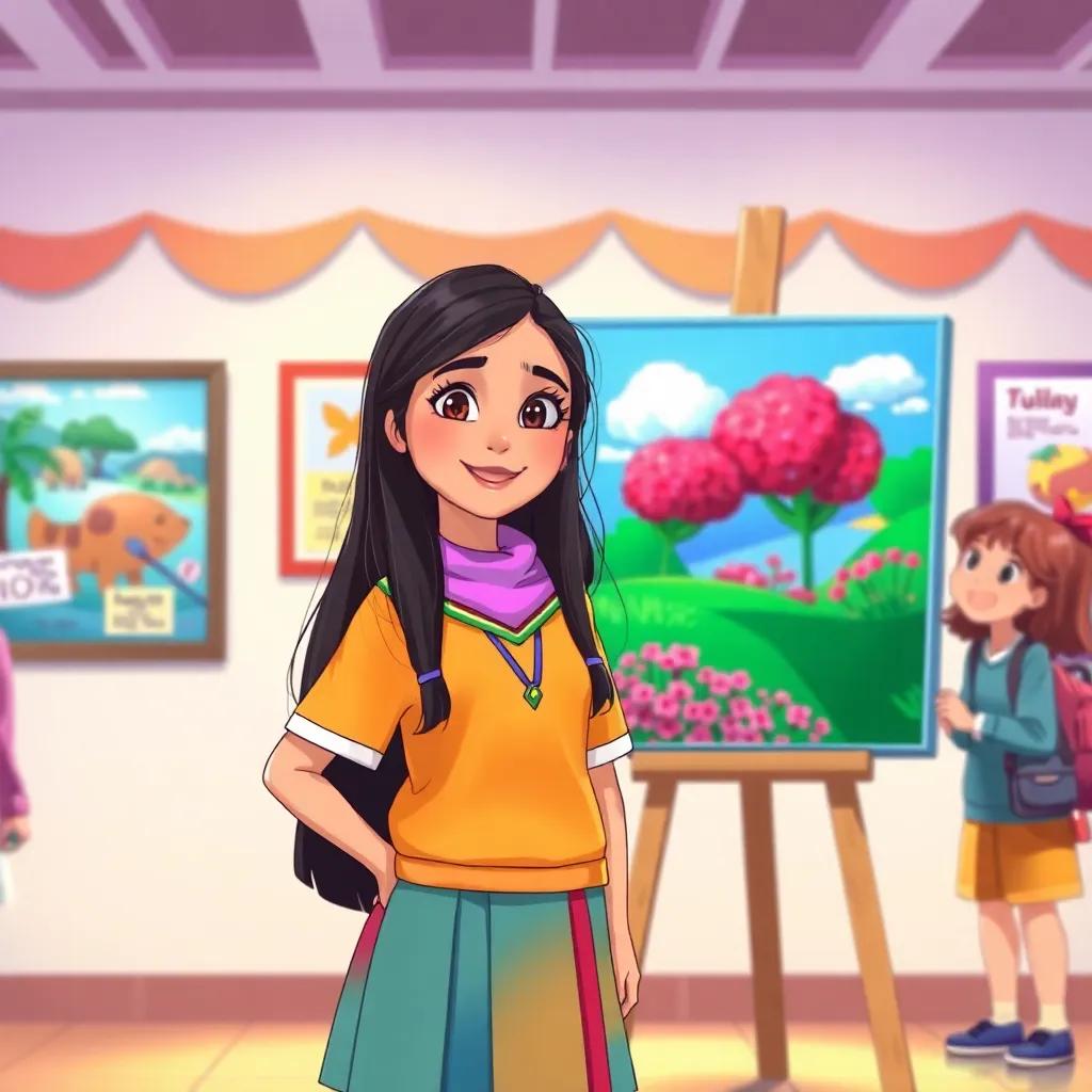 Ajaweed Nasser, a young Arab girl, with long, dark hair in a colorful school uniform, standing proudly next to her beautiful painting in a school exhibition, vibrant colors and cheerful atmosphere, happy friends around her, illustration, joyful and uplifting