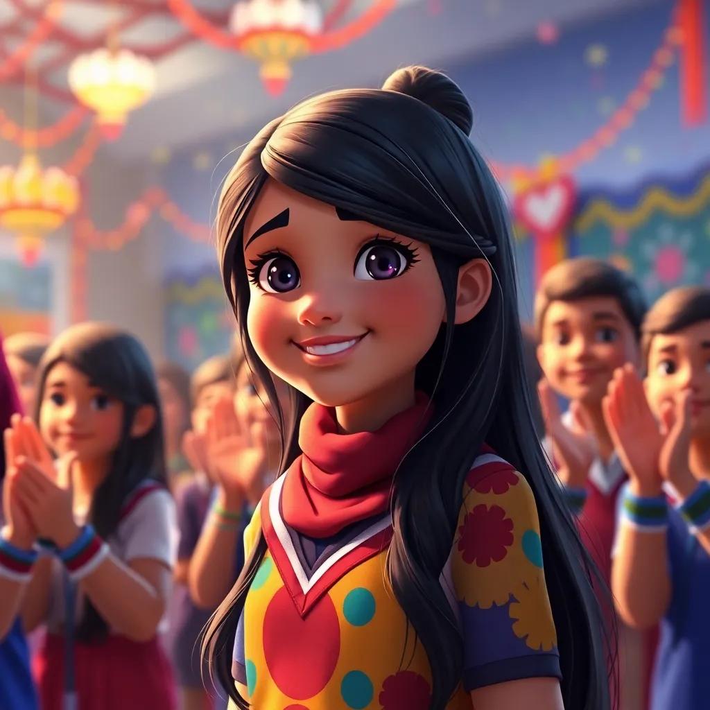 Ajaweed Nasser, a young Arab girl, with long, dark hair in a colorful school uniform, receiving applause from her classmates, glowing with pride and joy, festive atmosphere in the background, digital painting, bright and vivid details, engaging scene