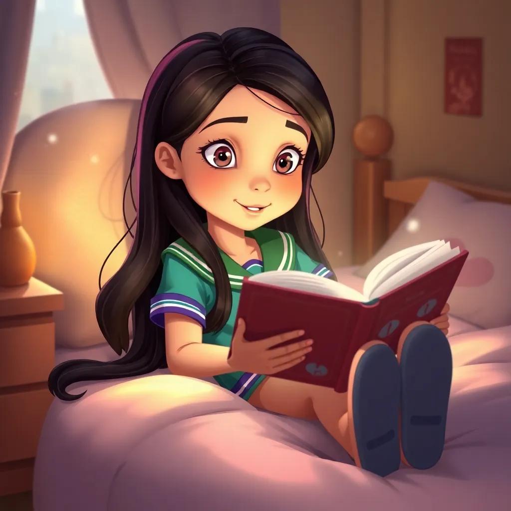 Ajaweed Nasser, a young Arab girl, with long, dark hair in a colorful school uniform, lying on her bed reading her favorite storybook, dreamlike atmosphere, cozy room with soft light, whimsical imagery, illustration, heartwarming and playful
