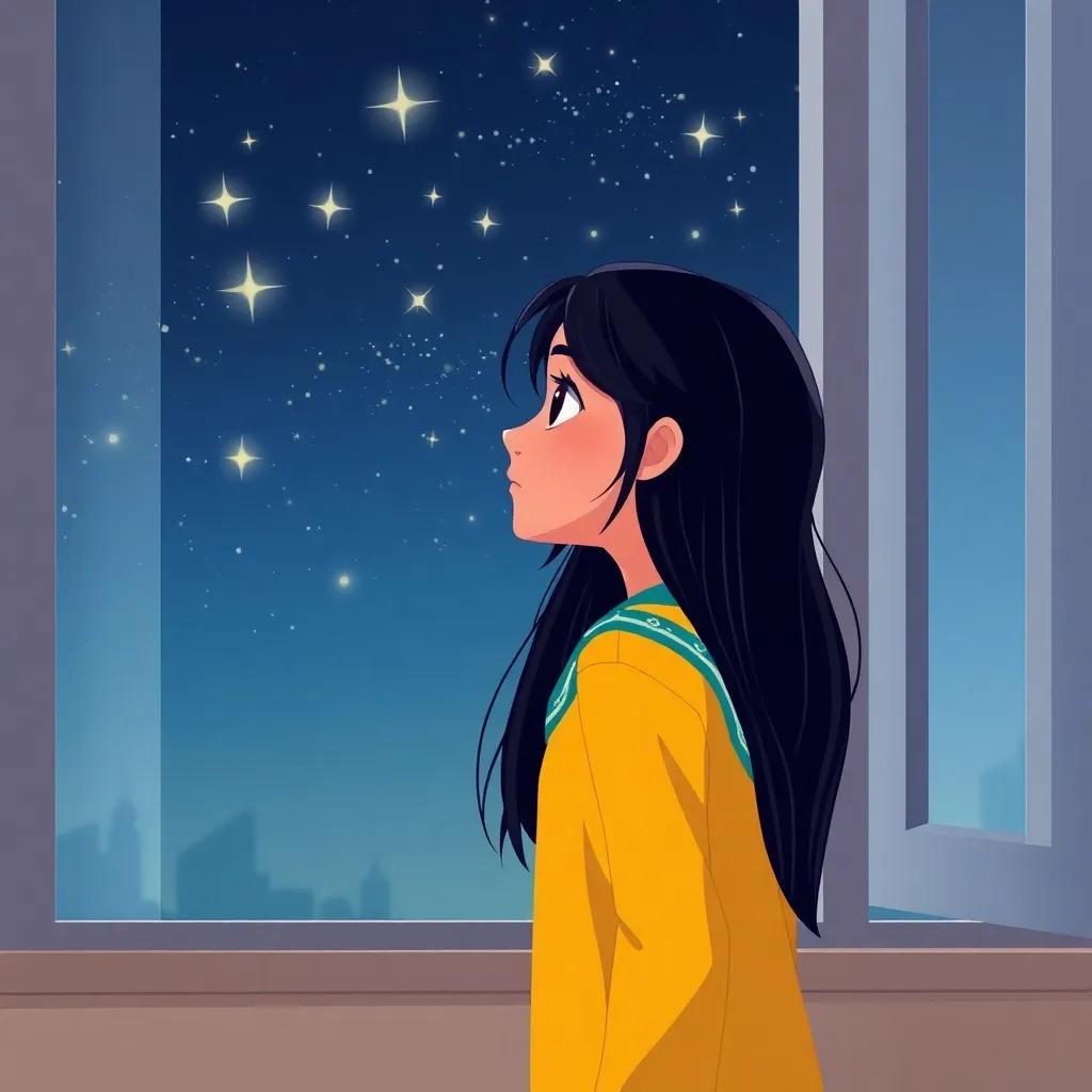 Ajaweed Nasser, a young Arab girl, with long, dark hair in a colorful school uniform, gazing at the stars from her window, dreaming about her endless possibilities, serene night sky with twinkling stars, digital art, calming colors, positive and hopeful