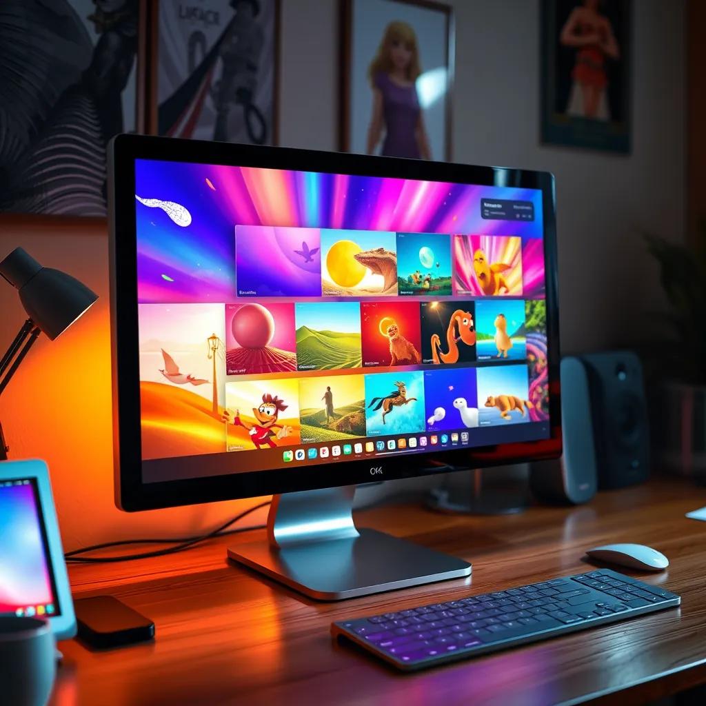 A shiny computer screen showing colorful images, placed on a wooden desk with a bright light, digital art, vibrant colors, inviting atmosphere, high quality
