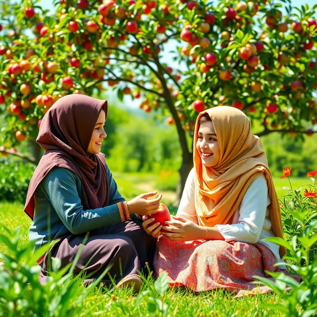 Two young Arab girls, Fatima and Sara, sitting in a sunny garden, discussing plant parts, with a colorful apple tree in the background, bright sunlight, cheerful colors, friendly atmosphere, digital art, vibrant