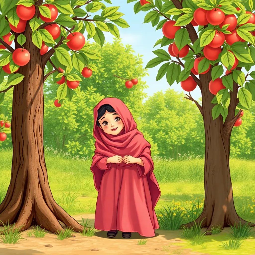 Two young Arab girls, Fatima and Sara, standing by an apple tree, looking at its roots and leaves, sunny day, lively garden scene, detailed illustration, playful, educational