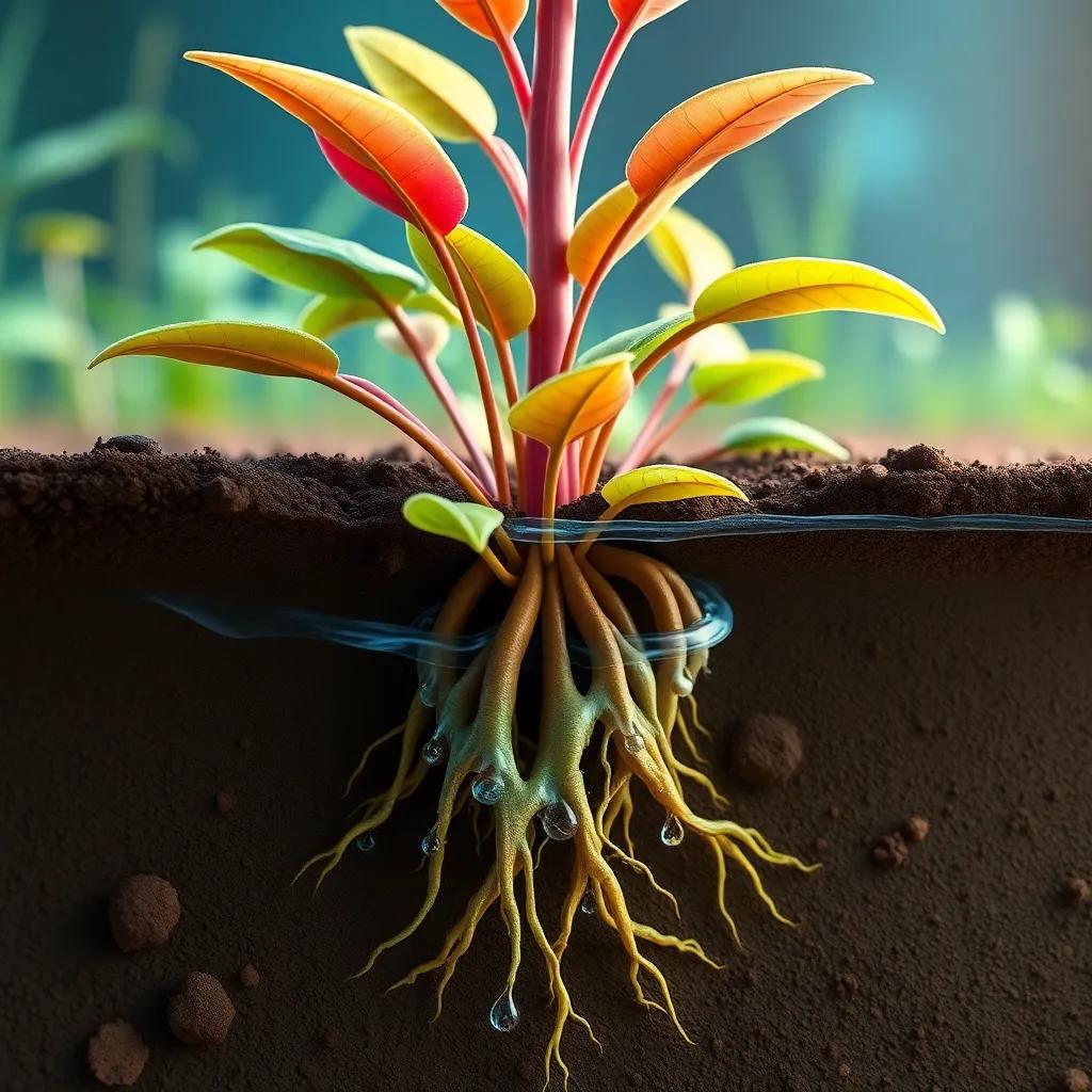 A colorful plant with roots underground, showing water absorption, digital art, vibrant colors, educational atmosphere, engaging view, high quality