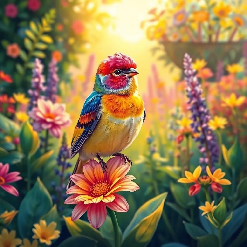 A small, colorful bird named Toto, with bright feathers, perched on a beautiful flower, surrounded by a sunny garden filled with vibrant plants, digital art, cheerful scene, vivid colors, warm and inviting light