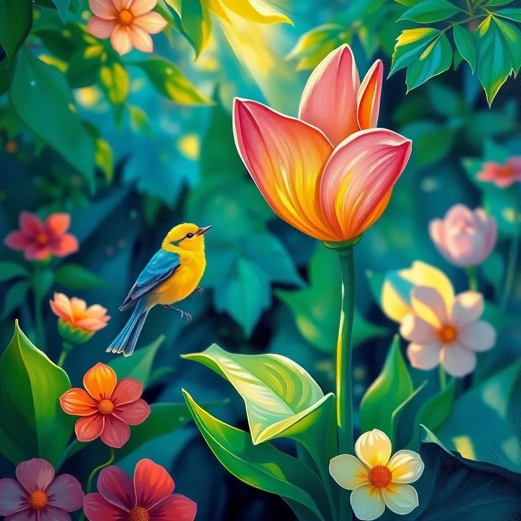 A beautiful flower in the garden, with colorful petals swaying gently, while the small bird Toto sings joyfully, with sunlight cascading through the leaves, illustration, lively atmosphere, bright colors, joyful imagery